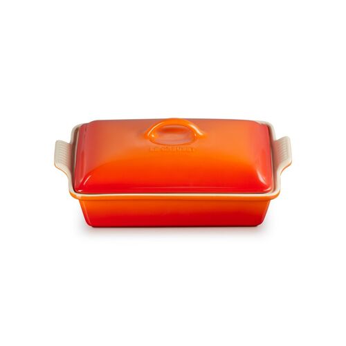 Le Creuset aardewerken rechthoekige ovenschaal met deksel - 33 cm / 3.8 liter - oranjerood