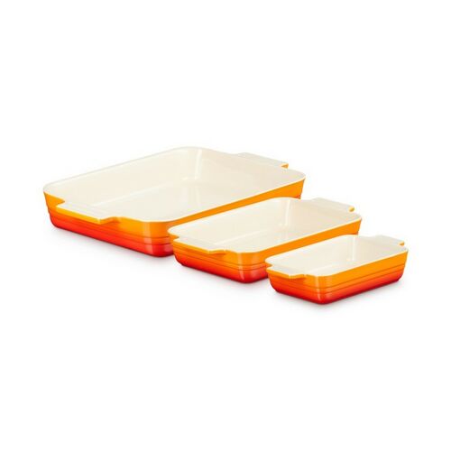 Le Creuset aardewerken rechthoekige ovenschalen classic - set 3 stuks - oranjerood
