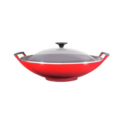 Le Creuset gietijzeren wok met glazen deksel - 36 cm / 4.5 liter - kersenrood
