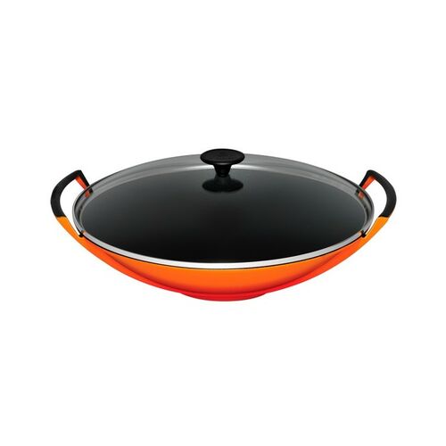 Le Creuset gietijzeren wok met glazen deksel - 36 cm / 4.5 liter - oranjerood
