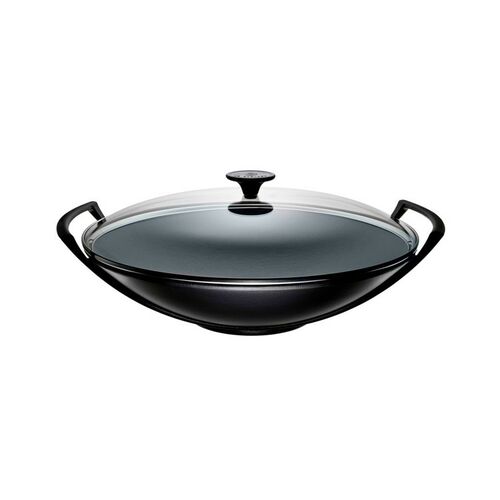 Le Creuset gietijzeren wok met glazen deksel - 36 cm / 4.5 liter - mat zwart